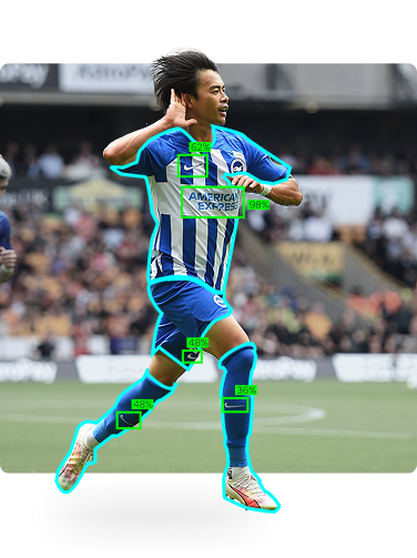 A marketing graphic for Blinkfire's brand tracking technology, featuring a soccer player with sponsor logos highlighted by green and blue boxes, next to a list of product features.