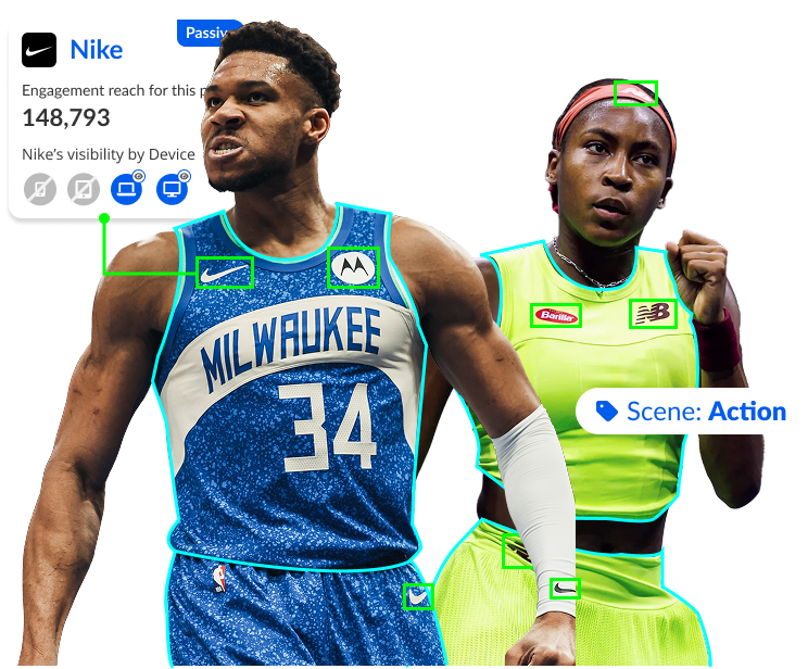 A marketing graphic for Blinkfire featuring two athletes with digital overlays that showcase the platform's ability to track and value sponsorships on their jerseys and equipment.