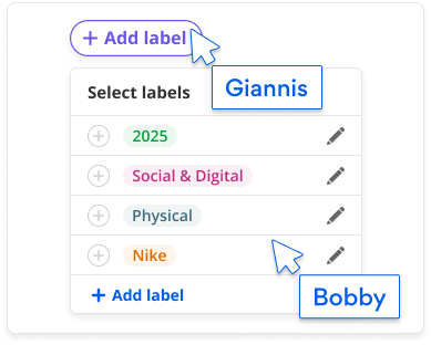 A user interface from Blinkfire showing a dashboard for selecting and adding labels like Giannis and Nike, demonstrating collaborative workflow features.